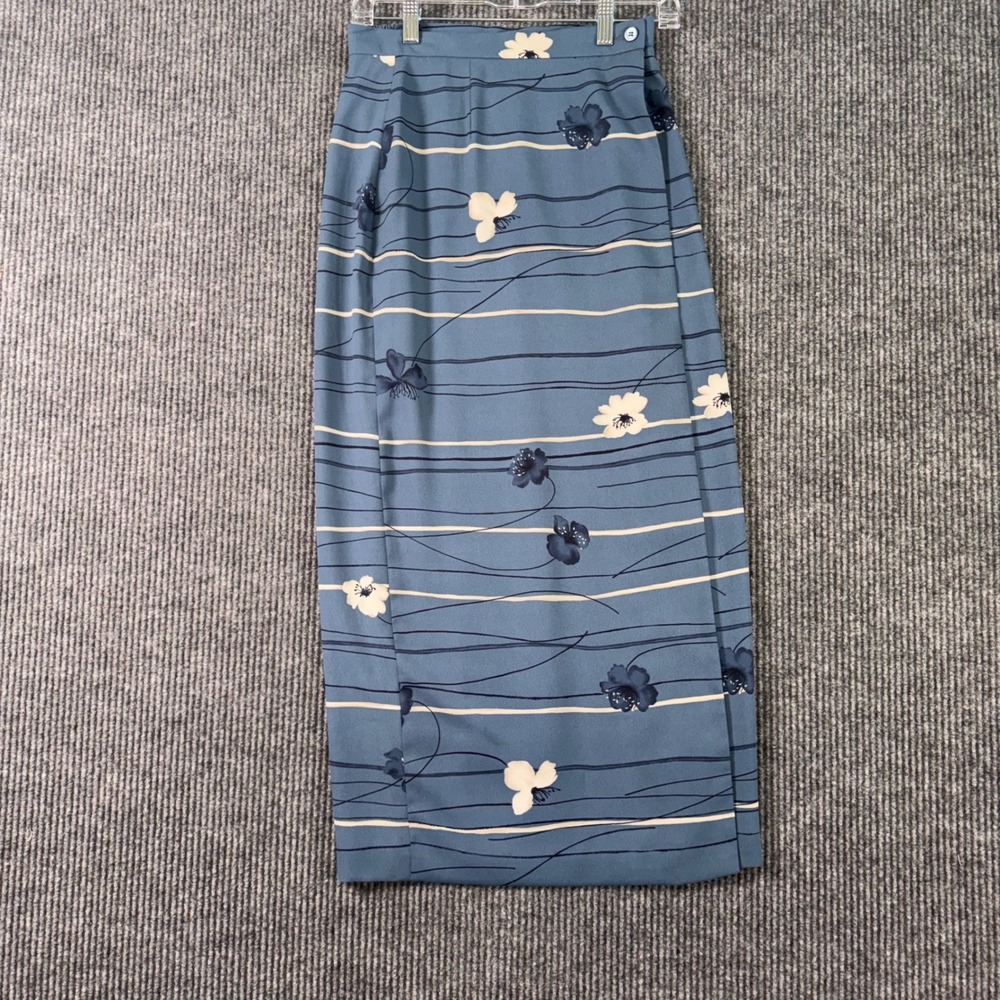 VTG Chaus Womens 4 Blue Striped‎ Floral Maxi Skirt Y2K Cottagecore Career Chic